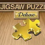 金色のジグソーパズルのピースと「Jigsaw Puzzle Deluxe」の文字が木目調の背景に描かれている。