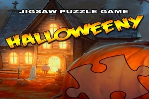 家の前にカボチャとジグソーパズルのピースが描かれ、霧がかった夜空の下に「HALLOWEENY」という文字があります。