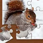 木製のテーブルの上にリスの写真が描かれたジグソーパズルのピースが散らばっている。