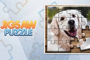 ジグソーパズルの一部が完成した犬の写真。