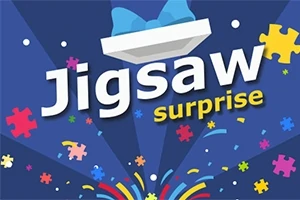 青い背景に「Jigsaw Surprise」と書かれたテキストと、カラフルなジグソーピースが散りばめられている。