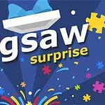 青い背景に「Jigsaw Surprise」と書かれたテキストと、カラフルなジグソーピースが散りばめられている。