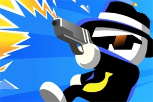 青い背景に、黒い帽子とサングラスをかけたキャラクターが銃を構えているイラスト。