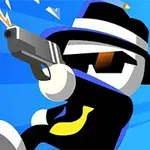 青い背景に、黒い帽子とサングラスをかけたキャラクターが銃を構えているイラスト。