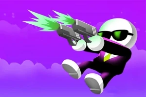 紫色の背景に、サングラスをかけた白いキャラクターが二丁の銃を撃っているイラスト。