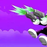 紫色の背景に、サングラスをかけた白いキャラクターが二丁の銃を撃っているイラスト。