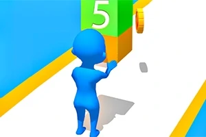 青いキャラクターが数字の「5」が表示されたカラフルな障害物と金色のコインがある白い道を進むシーン。