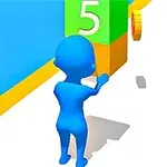 青いキャラクターが数字の「5」が表示されたカラフルな障害物と金色のコインがある白い道を進むシーン。