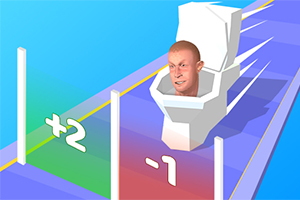 トイレの中に人の顔があり、カラフルなレーン上を進んでいる。