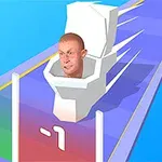 トイレの中に人の顔があり、カラフルなレーン上を進んでいる。