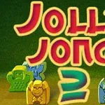 赤い背景に「Jolly Jong 2」というカラフルなテキストと、様々な色の彫刻が配置されたイメージ。
