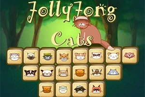 猫の顔のイラストが並んでいるブロックが配置され、上部に座っている猫と「Jolly Jong Cats」というタイトルが表示されている。