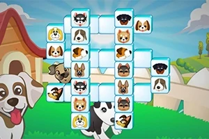 カラフルな犬のアイコンが並ぶパズルのボードと、その背景に草原と犬小屋、犬たちが描かれたイラスト。
