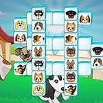 カラフルな犬のアイコンが並ぶパズルのボードと、その背景に草原と犬小屋、犬たちが描かれたイラスト。