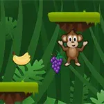 緑のジャングルの背景に、サルがバナナとブドウの近くにいるイラスト。