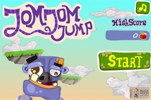青いキャラクターが浮かぶ島と「JomJom Jump」ロゴ、スタートボタンが配置されたカラフルな画面。