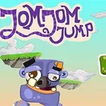 青いキャラクターが浮かぶ島と「JomJom Jump」ロゴ、スタートボタンが配置されたカラフルな画面。