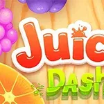 カラフルな果物と木の背景に「Juicy Dash」の文字があります。