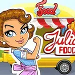 女性キャラクターがフードトラックの前でポーズを取っているイラスト。