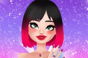 紫色の背景に、ピンクと黒のボブヘアのキャラクターが微笑んでいる。