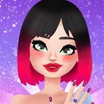 紫色の背景に、ピンクと黒のボブヘアのキャラクターが微笑んでいる。