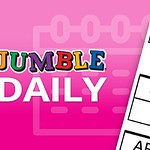 ピンクの背景にカラフルな「JUMBLE DAILY」の文字とパズルの一部が表示されている画像。