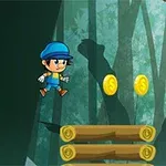 青い帽子をかぶったキャラクターが、森の背景で丸太の上をジャンプし、金色のコインに向かっている。