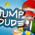 青い背景に、赤い帽子をかぶったキャラクターとスマートフォン、浮かぶ黄色い宝石が描かれた画像。