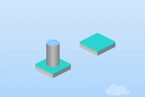 青空を背景に、円柱が立つ四角形のプラットフォームとその隣に浮いた別の四角形のプラットフォーム。