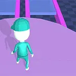緑の服を着たキャラクターがピンクと青のチェック柄の道を進んでいるシーン。