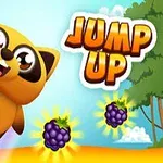 森の背景に、2つの果物と一緒に跳んでいるかわいいキャラクター「Jump Up」のロゴ。