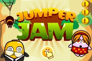 カラフルな文字「JUMPER JAM」と2匹のキャラクター、そしてコインが配置された明るい背景のイラスト。