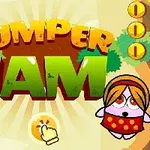 カラフルな文字「JUMPER JAM」と2匹のキャラクター、そしてコインが配置された明るい背景のイラスト。