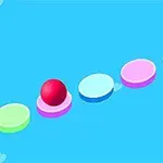 青い背景に様々な色の円形パッドの上に赤いボールが置かれているイラスト。
