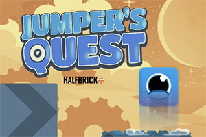 砂漠風の背景に「JUMPER'S QUEST」の大きな青いロゴ、四角いキャラクター、歯車やブロック状の足場が描かれた2Dアート。