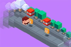 キャラクターが紫色の背景の道を歩き、木や建物のそばにコインがある。