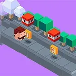 キャラクターが紫色の背景の道を歩き、木や建物のそばにコインがある。