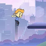 アニメ風のキャラクターが紫色のプラットフォームに向かってジャンプしているシーン。