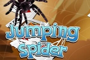大きな蜘蛛がトランプの上に乗っていて、「Jumping Spider」という文字が前面に表示されている。