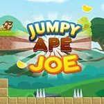 緑の背景に「JUMPY APE JOE」のテキストが中央にあり、左上には小さなサルのキャラクターが土のプラットフォームに立っている。