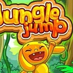 黄色いキャラクターがジャングルの背景で手を挙げて笑っているイラスト。