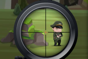 スコープを通して緑の軍服を着たキャラクターが狙われている様子。