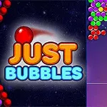 カラフルな泡が並ぶゲーム画面の左側に「JUST BUBBLES」の文字デザイン。