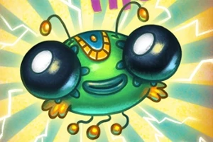 緑色の丸い生物が大きな目を持ち、背景に黄色い光線が広がっているイラスト。