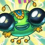 緑色の丸い生物が大きな目を持ち、背景に黄色い光線が広がっているイラスト。