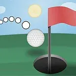 ゴルフボールが旗の立つホールに向かって飛んでいるイラスト。