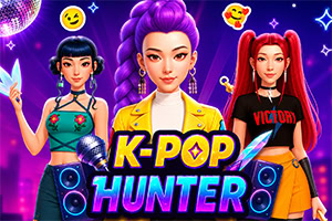 ネオン紫の背景に、カラフルな衣装の3人のK-POP風女性キャラクターと大きな「K-POP HUNTER」の文字が描かれている。