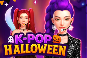 ハロウィン風の紫背景に、赤髪と紫髪のK-POP風女性キャラクター、カボチャや幽霊、英字ロゴが描かれている。