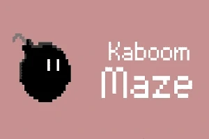 ピクセルアートスタイルの黒い爆弾のアイコンと「Kaboom Maze」というテキストがピンク色の背景に描かれている。