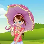 ピンクの傘を持った女の子が草原に立っているイラスト。